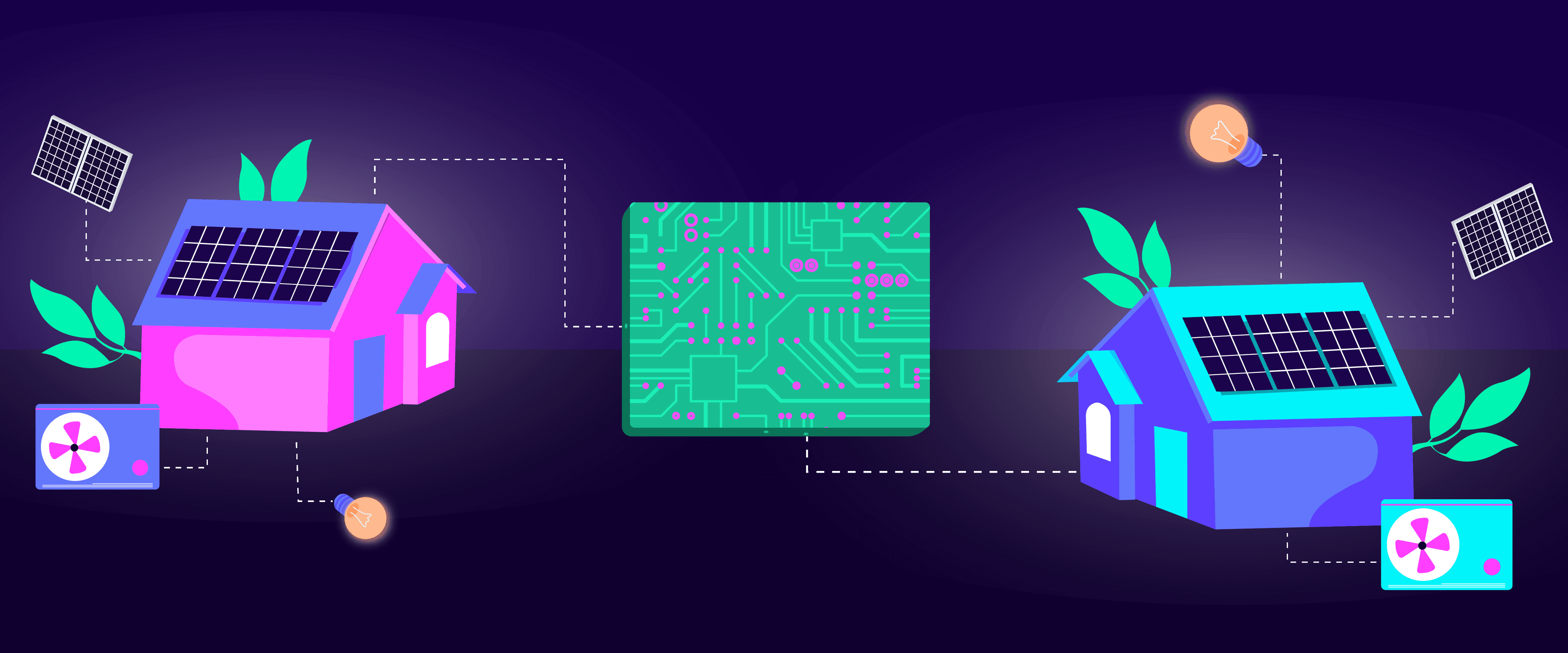 illustration of houses with solar panels connected to power grid