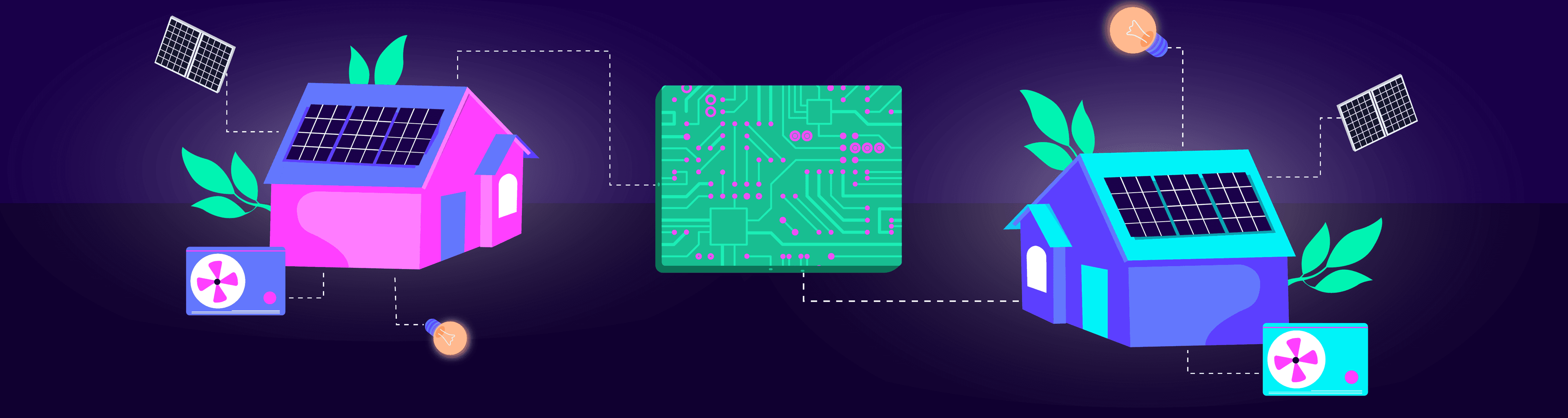 illustration of houses with solar panels connected to power grid